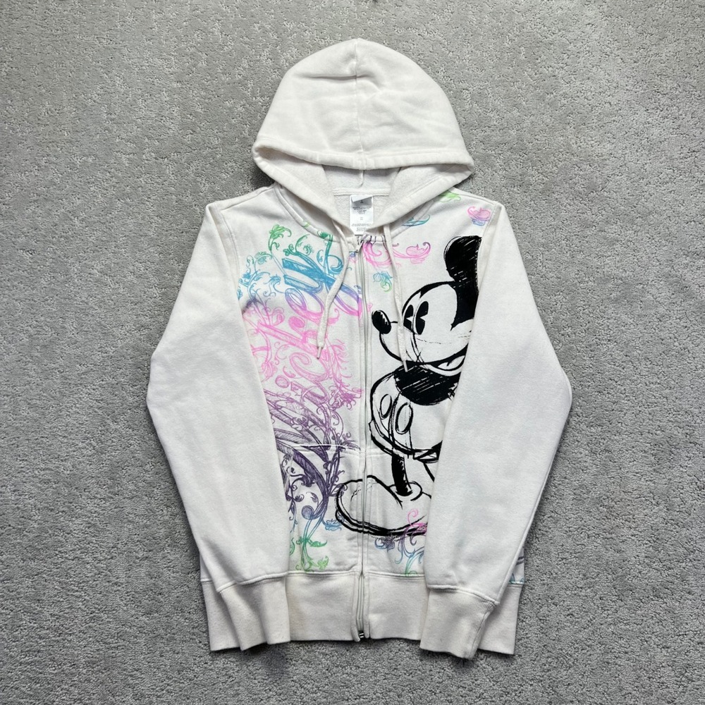 Disney Mickey Mouse Hoodie Womens Small White Graphic Full Zip Sweatshirt Y2k